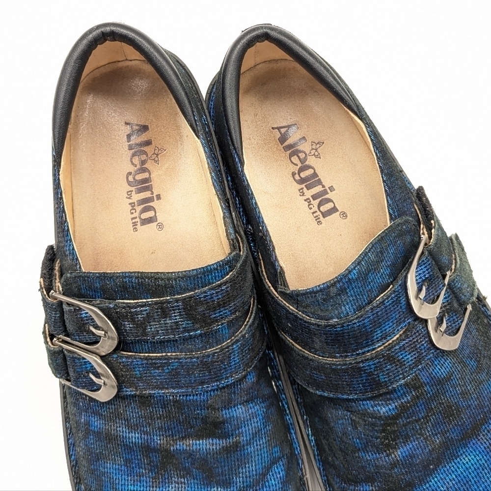 Alegria Alli blue black twist leather slip on hook & loop closure clog 37 6.5/7 - Picture 7 of 9